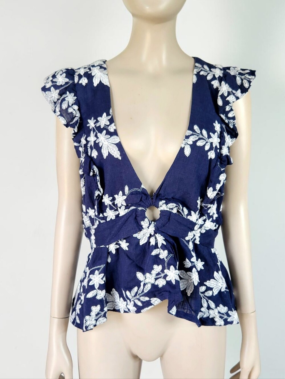 Skylar Rose Navy Embroidered Plunge V Ruffle Trim Knot Front Top L Smocked Crop